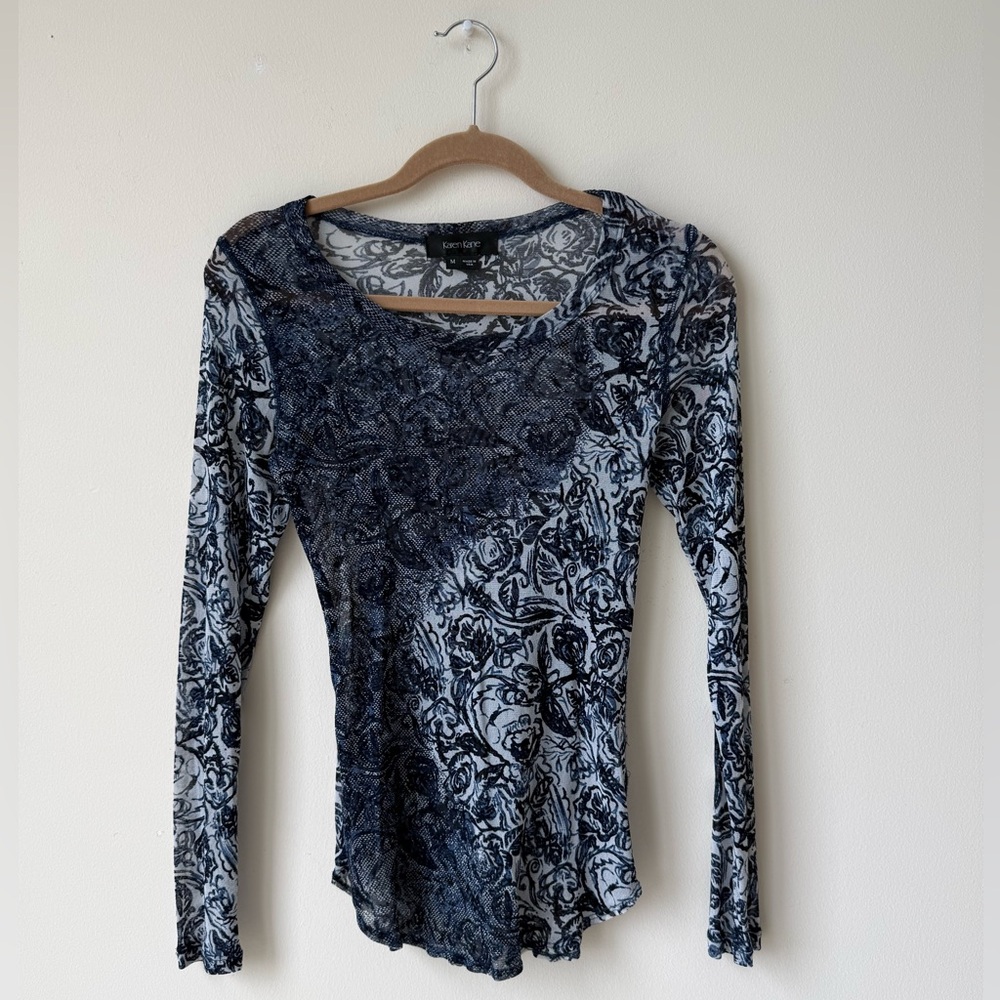 Karen Kane Navy and Gray Sheer Long Sleeve Top